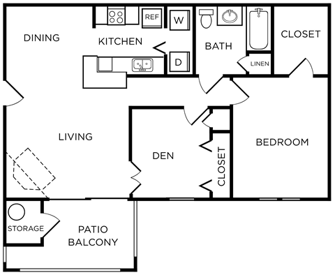 Floor plan for 1 bed, 1 bath, 877 sqft